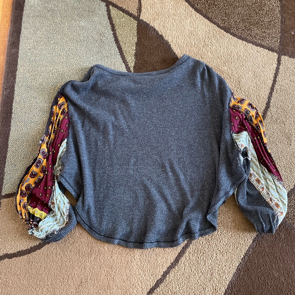 Free People Charcoal Top with Colorful Patterned Sleeves